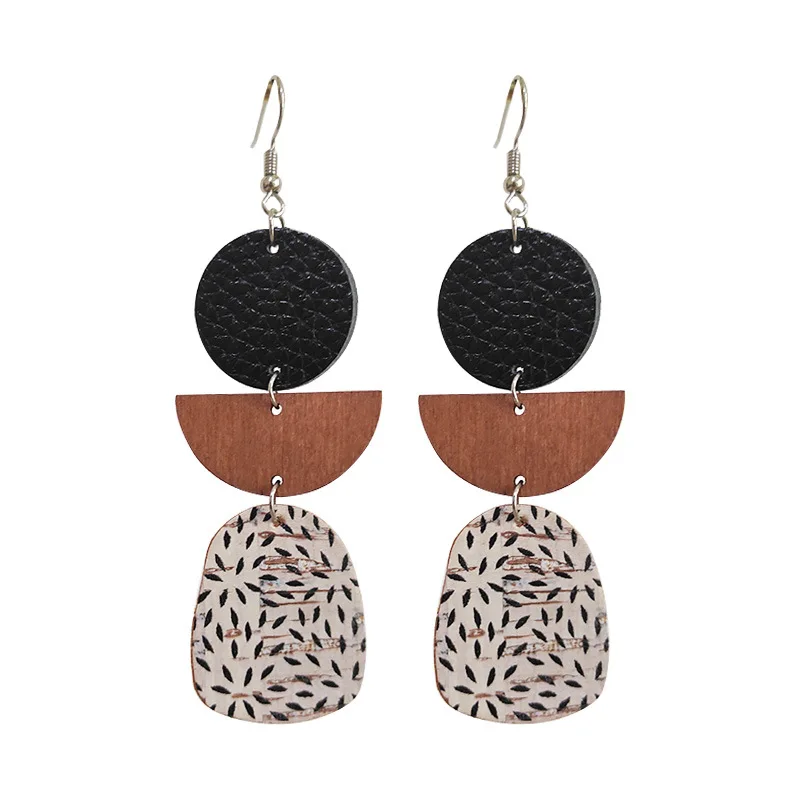 Retro Geometric Leather Cork and Wood Earrings for Women Boho Cork Leopard Pattern Bohemian Earrings Jewelry Friend Wife Gift