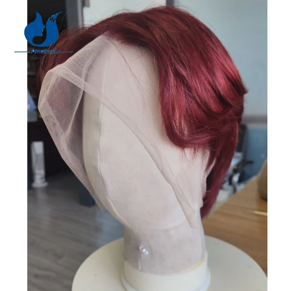 

Amethyst Straight Layered Red Wig Human Hair Short Pixie Cut 13x6 Lace Front Wig Remy Hair Pre Plucked Middle Part for Men