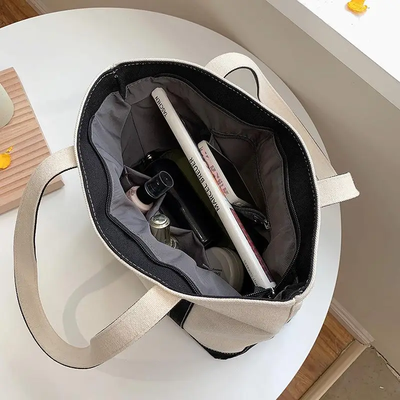1 Stück Farbige Canvas-Tragetasche mit Verzierungen, Große Kapazität, Lässige Schulterhandtasche, Wiederverwendbare Einkaufstasche für Reisen und Outdoor-Aktivitäten – Detail 10
