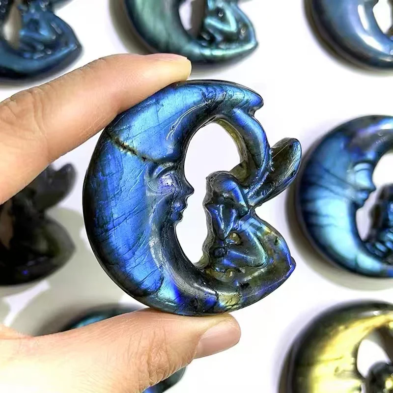 6CM Natural Healing Stones Labradorite Crystal Crafts Blue Flash Moon Fairy Statue 1PCS