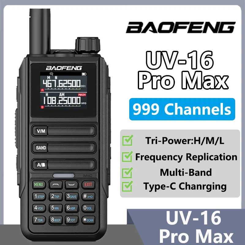 BaoFeng UV-16 Pro Max Type-C carica Wirless Copy Frequency UV-16 AM Radio multibanda IP68 impermeabile 999CH Radio bidirezionale nera