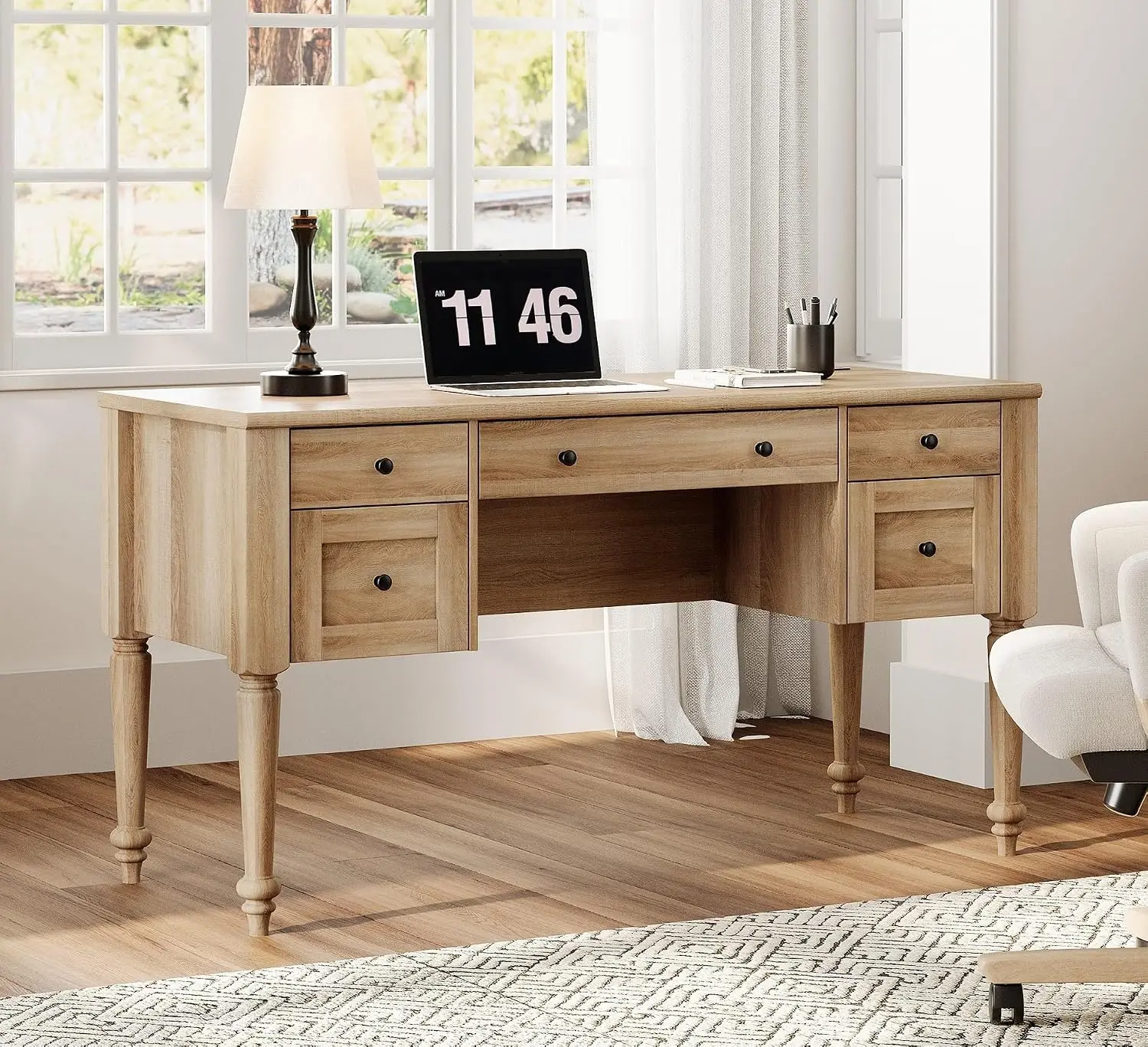 Farmhouse Executive Desk 56 Inch with Drawers, Charging Station, USB-C Port, 2 Cabinet & 2 Shelf, Solid Wood Legs, Customized