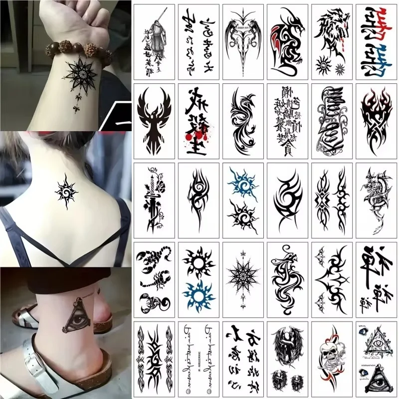 30pcs/set Totem Tattoo Sticker Waterproof Chinese Letter Eye Cool Fake Tattoos Adhesive for Men Boys Shoulder Hand Arm Abdomen