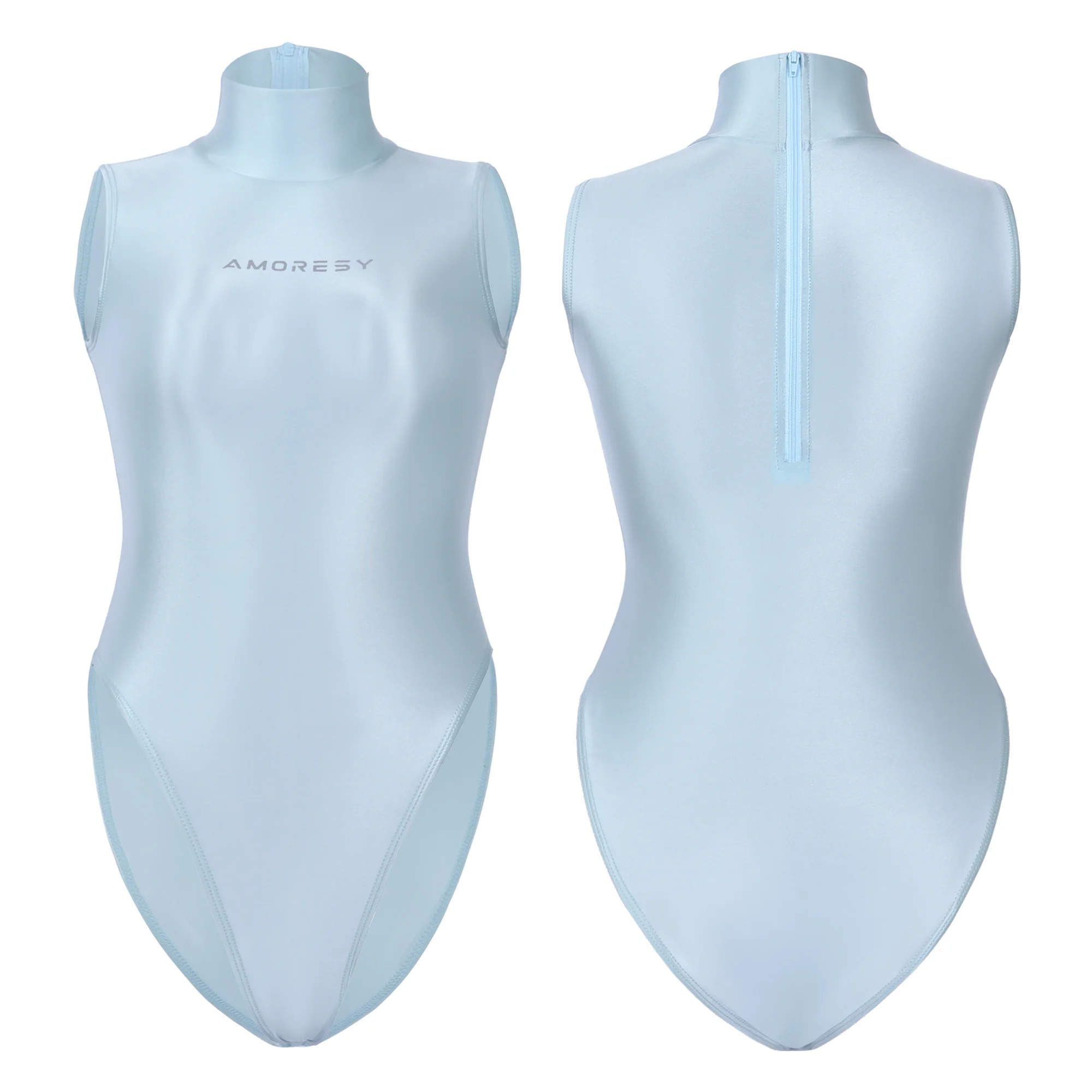 AMORESY gloss thin swimsuit high neck ultra-thin transparent solid color high slit tight back zipper swimsuit jumpsuit