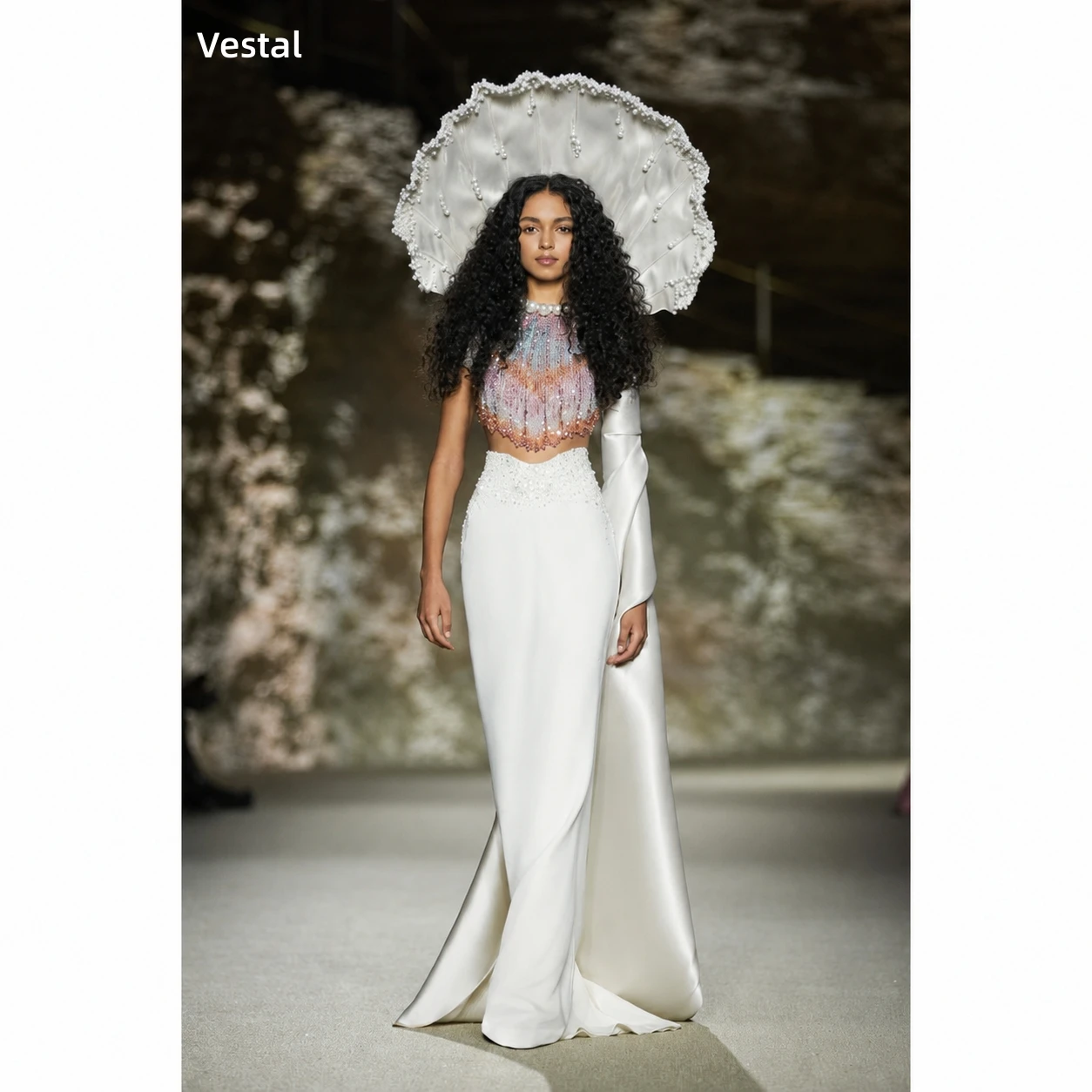 

Vestal Luxury Two Piece Mermaid Prom Dress Sequin Satin Formal Evening Gown with Cape Sleeve Wedding Gala Customized