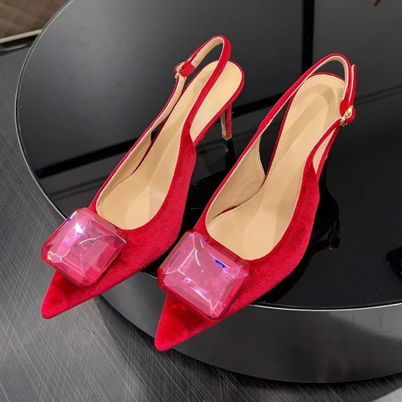 

ABENGYA Shallow Toe Gemstone Inlay Thin High Heels Shoes Women Pointy Toe Stiletto Slingback Sexy Pumps Female Zapatillas mujer