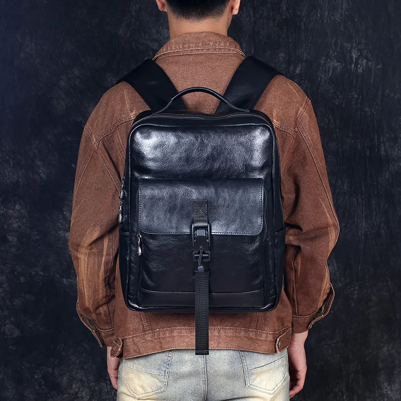 Leather Backpack Men's Cowhide Backpack Student Bag Large Capacity Travel Bag Plant Tanned Leather Premium Computer Bag