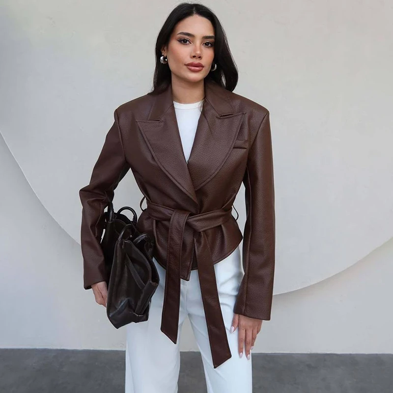

TARUXY Bandage High Street Leather Jacket Women's Fashion Lapel Pocket Long Sleeve Loose Coat Autumn New Street Female Clothing