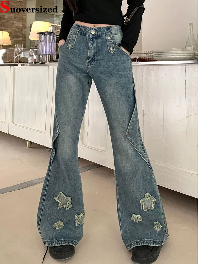 

Vintage Patchwork Fashion Jeans Women's Casual High Waisted Baggy Vaqueros Straight Loose Retro Streetwear Bootcut Denim Pants