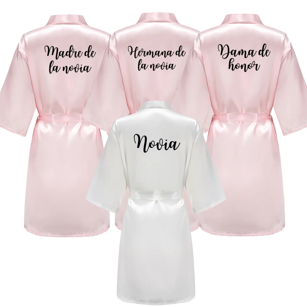 Light Pink Bridal Satin Robe Women Spanish Wedding Robe Novia Kimono Bride Party Bridesmaid Robes