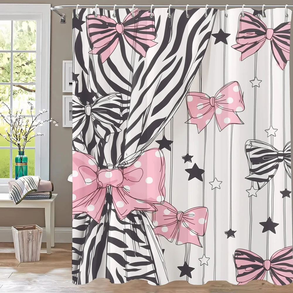 

1pc Pink Bow Pattern Printed Shower Curtain With Hooks Bathroom Curtains , Home Decoration Girl's lovely Room pink Curtain