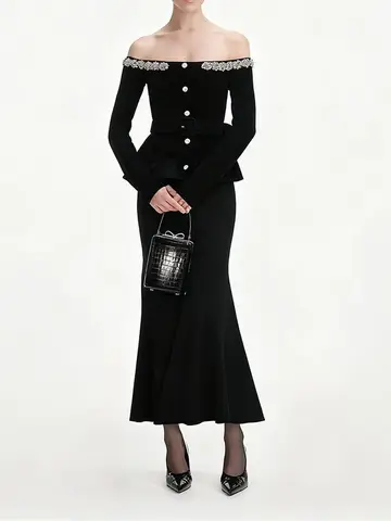 CHUJIE 2025 Herfst/Winter Nieuwe Franse Socialite Off-the-Shoulder Strass Versierd Slim-Fit Banket Avondjurk lange Jurk