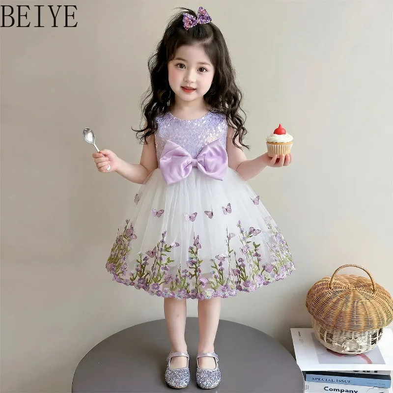 Summer Daily Sweet Children's Princess Dress New Floral Mesh Bow Purple Dress Little Girls Sleeveless High Street Party Dress