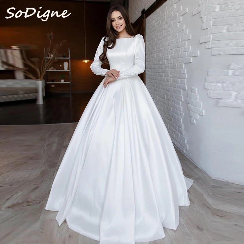 

SoDigne A-line Satin Simple Wedding Dresses O-neck Full Sleeves Appliques Bridal Dress Long Bridal Gown 2025 Customized