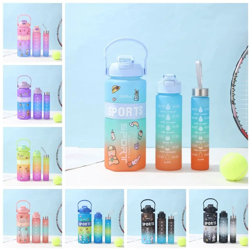 Three Piece Set Sports Water Bottle Set Hexagon Cartoon Stickers Leak Proof Colorful Cup with Straw Frosted