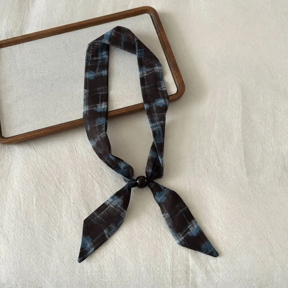 Gift Vintage Thin Polka Dot Neckerchief Pearl Beads Silk Scarf Necklace Long Narrow French Style Choker Scarf Shirt Collar