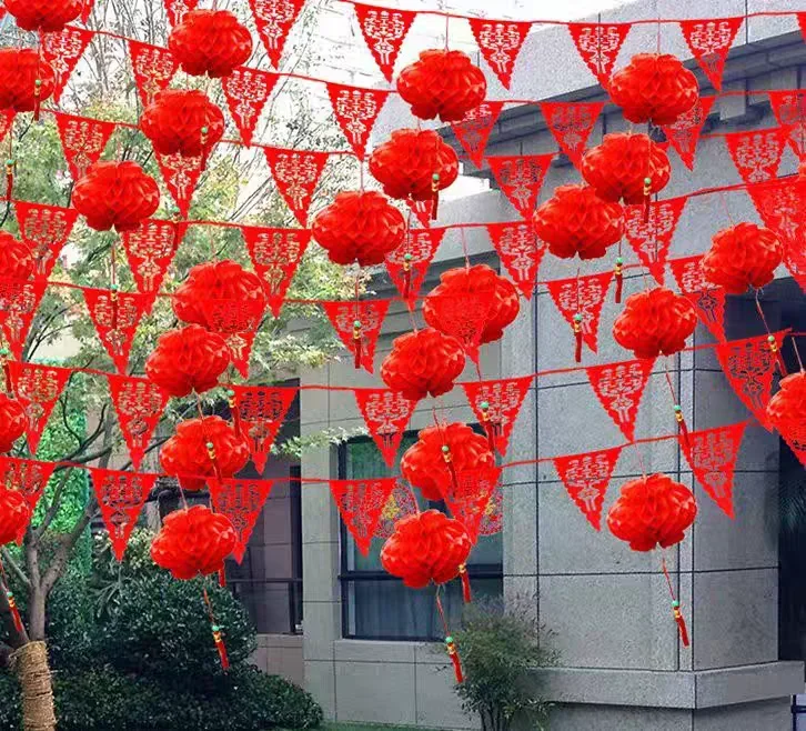 SET 90 Meter Chinese Wedding Decoration Supplies Red Hi Word, Big Red Oil Plastic Paper Garland, Wedding Fe