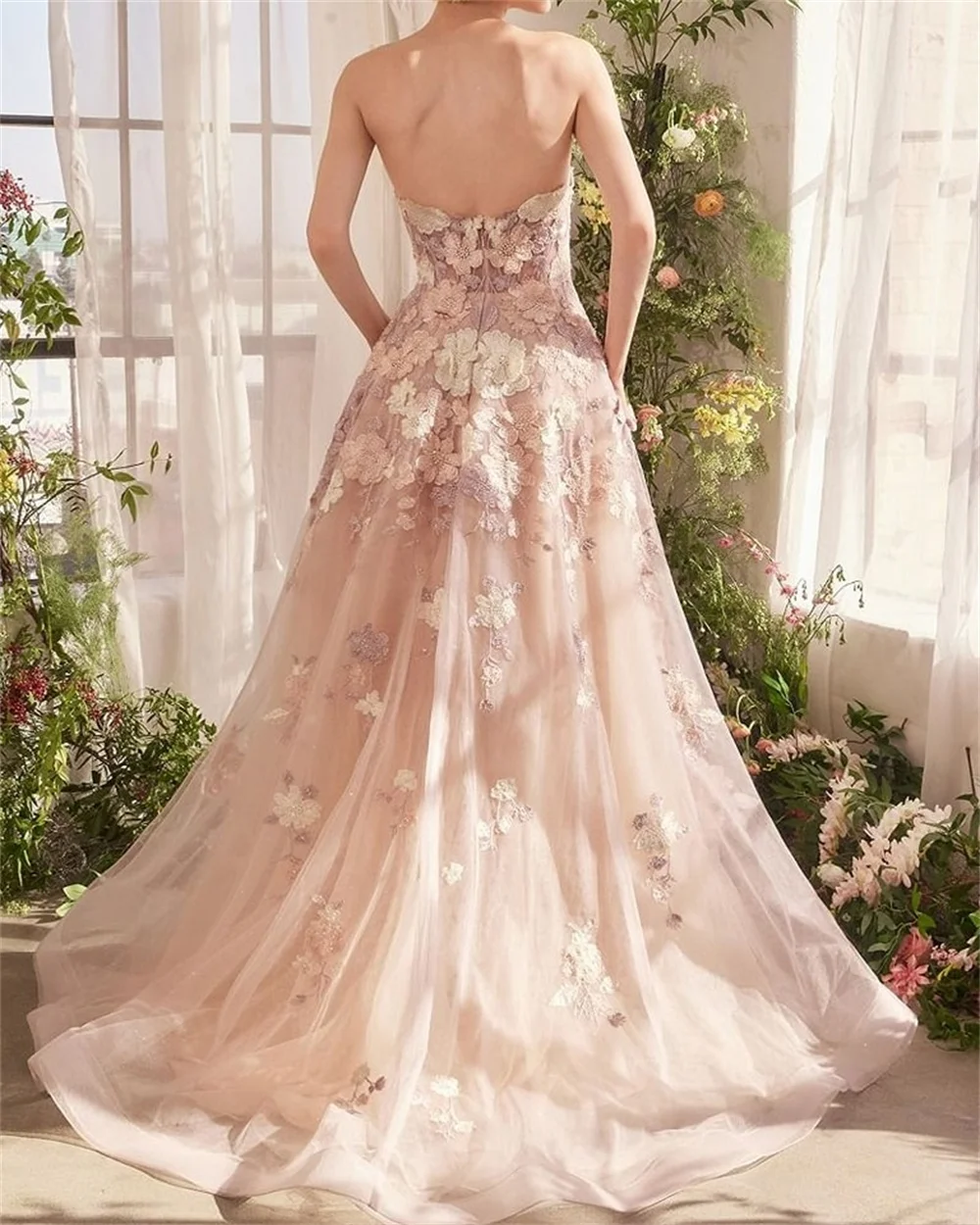 Kyoto Pas Roze Strapless Applicaties Trouwjurk A-lijn Prinses vestidos de novia Zip Terug Sweep Trein Avondjurken