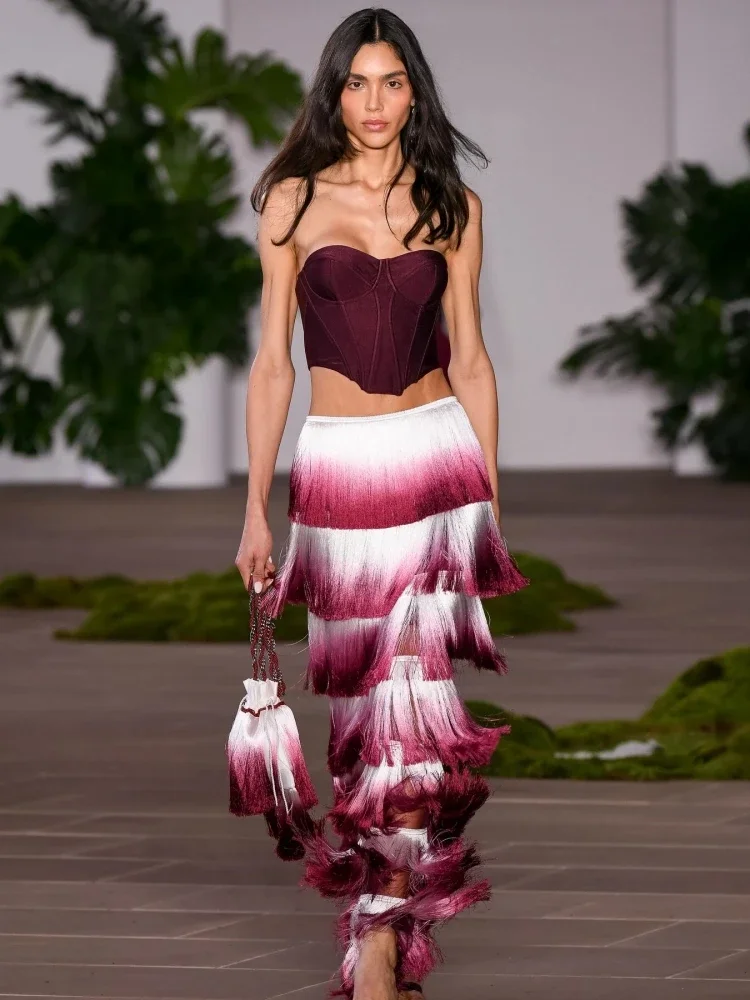 Sexy Strapless Bandage Crop Top + Gradient Tassels Long Skirts Women's Two Piece Sets Bodycon Celebrity Evening Party Suits Sets