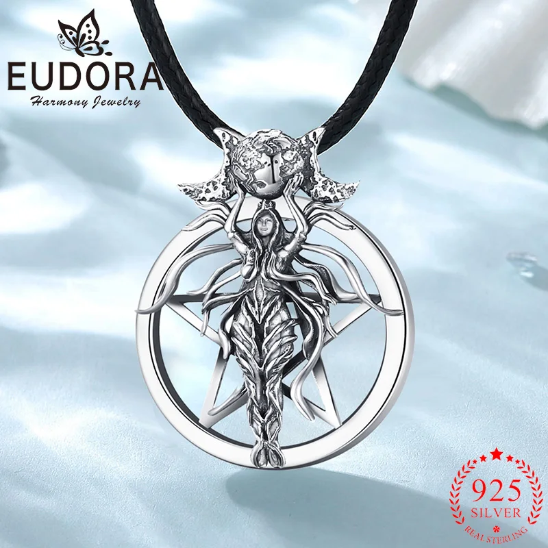 Eudora 925 Sterling Silver Lilith Goddess Necklace for Man Woman Triple Moon Goddess Amulet Pendant Vintage Witch Jewelry Gift