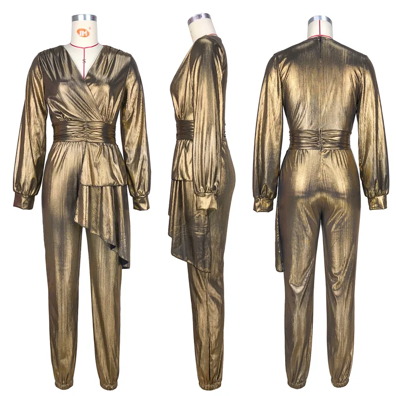 Sparkly Metallic Night Club Jumpsuit Women Party Long Sleeve Romper Sexy V-neck High Waist Jumpsuits Overalls Birthday Outfits