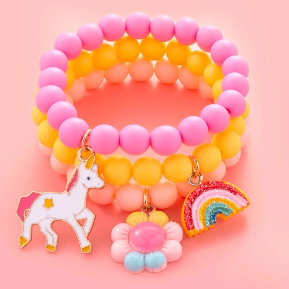 Dopamine Unicorn Rainbow Flower Charm Bracelet For Girls Sweet Multicolor Bead Bracelet 3 PCS Colorful Cute Bracelet Sets