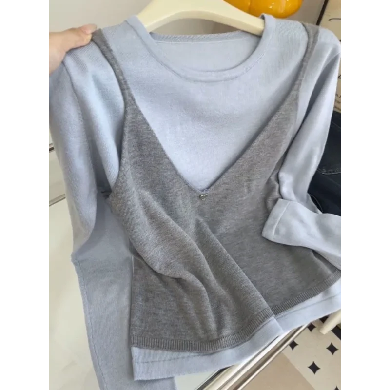 

Дизайнерский искусственный вязаный топ из двух предметов, женский осенне-зимний универсальный свободный темпераментный свитер на подтяжках