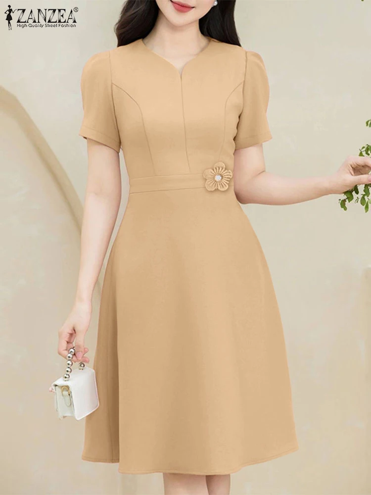 2025 우아한 V넥 반팔 오피스 드레스 ZANZEA 여성 여름 워크 OL 드레스 스타일리쉬 A라인 파티 미디 베스티도 여성 의류