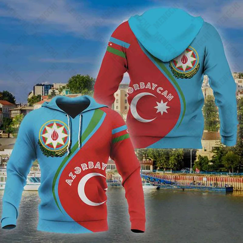 Azerbaijan เสื้อกันหนาวมีฮู้ดลายสัญลักษณ์, เสื้อสเวตเตอร์ใส่ได้ทั้งชายและแบบลำลองสำหรับเด็กผู้หญิงสวมใส่กลางแจ้งไซส์ใหญ่พิเศษฤดูใบไม้ร่วง