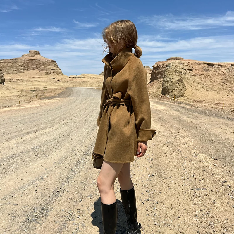 

100% pure wool coat for women, casual mid to long cardigan, stand up collar waistband coat, Korean fashion loose woolen coat,