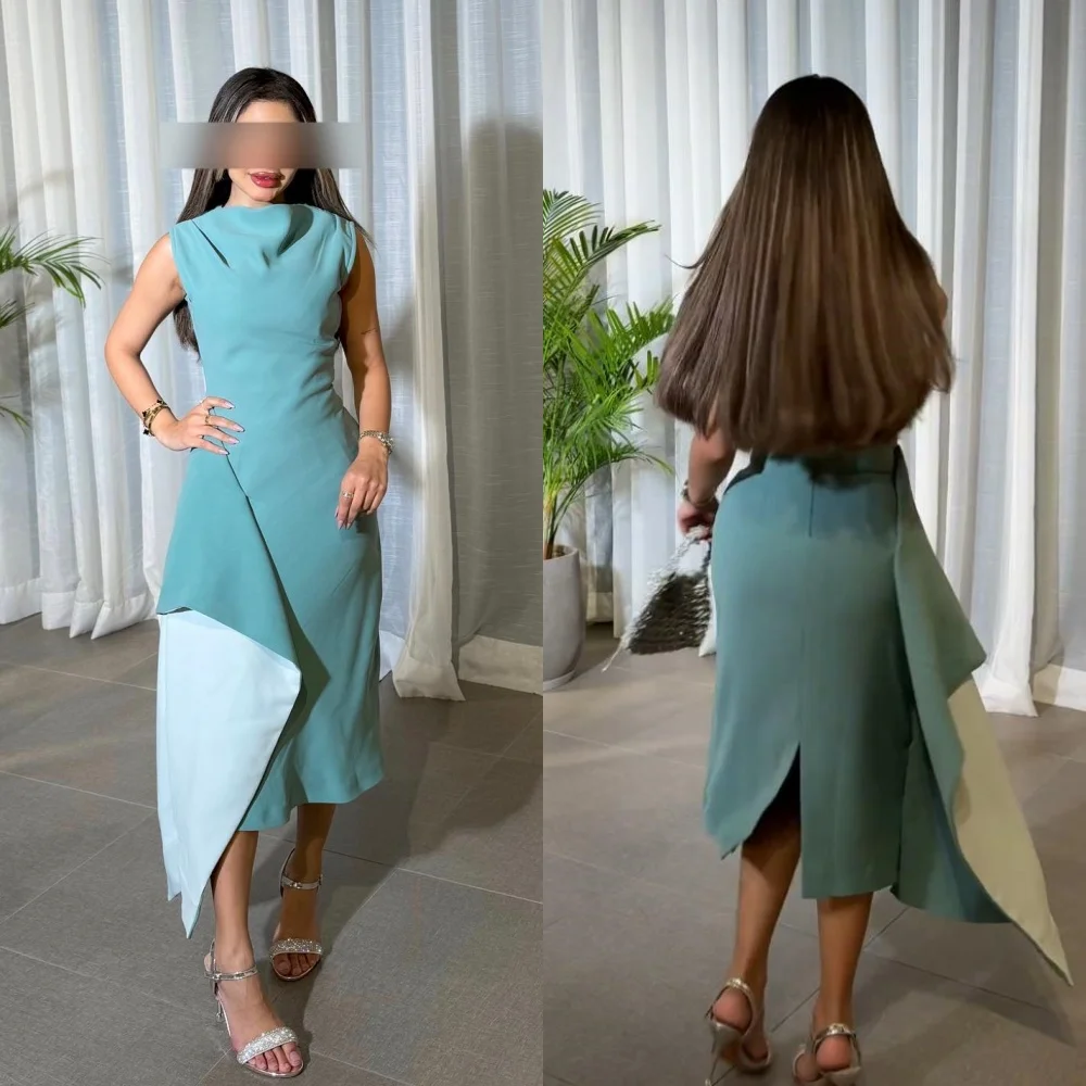 Jersey Draped Pleat Cocktail Party A-line High Collar Bespoke Occasion Gown Midi Dresses