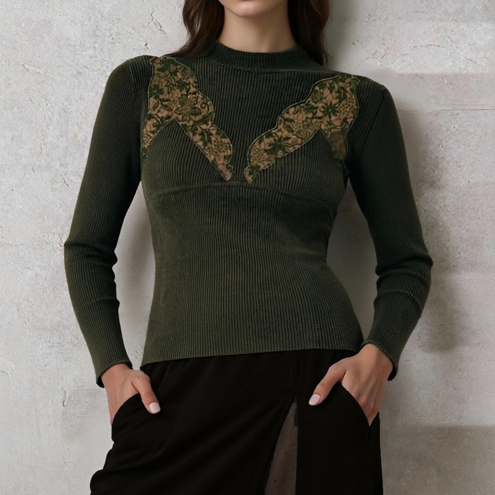 

Винтажные женские вязаные свитера с длинным рукавом и воротником-стойкой, кружевные лоскутные пуловеры, облегающие топы, альтернативная одежда