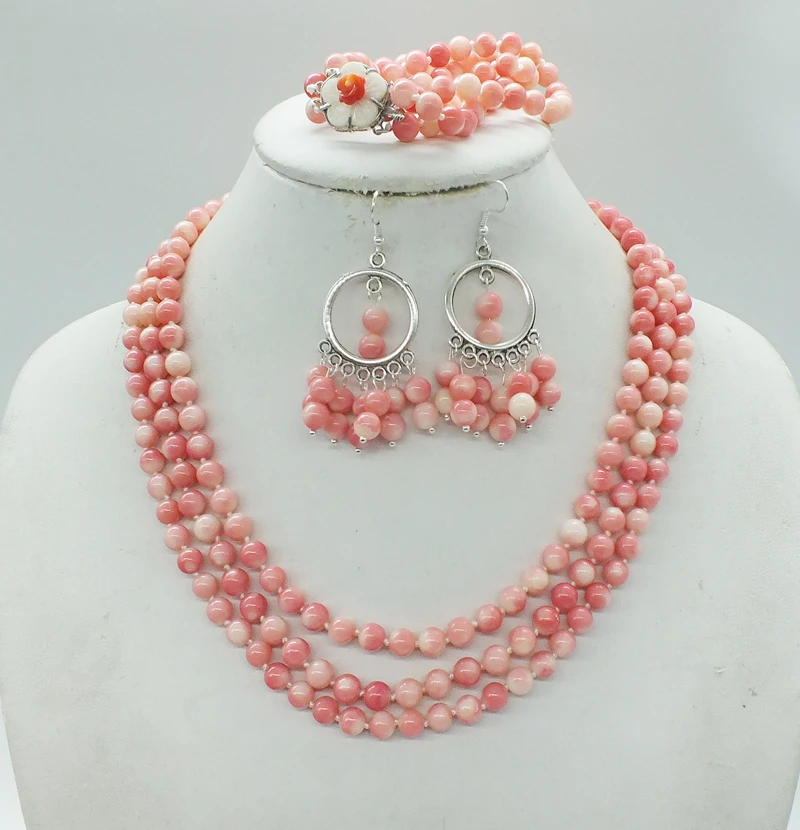 Exquisite  3 Layers, 6MM Classic Pink Coral Necklace/Bracelets/Stud Earrings African Bridal Jewelry Set