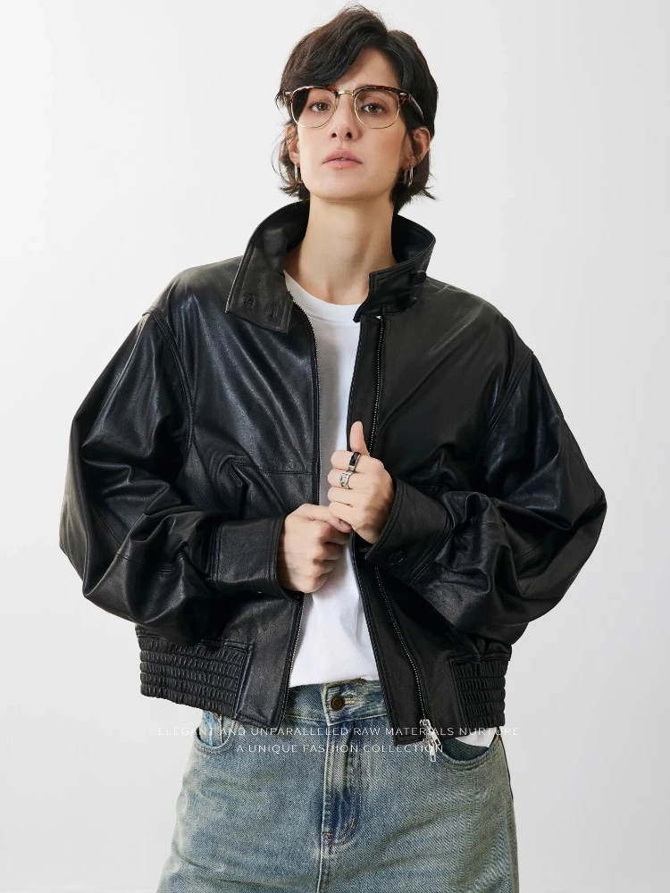 

Casual Short Genuine Leather Jackets for Women Simple Stand Collar Retro Oil Wax Loose Soft Black Real Sheepskin Coat Female