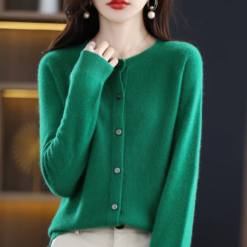 100% Cashmere Wool Cardigan Blouse Wide Long Sleeve Knitted Jacket Soft Warm O-Neck Elasticity Sweater Femal Coat