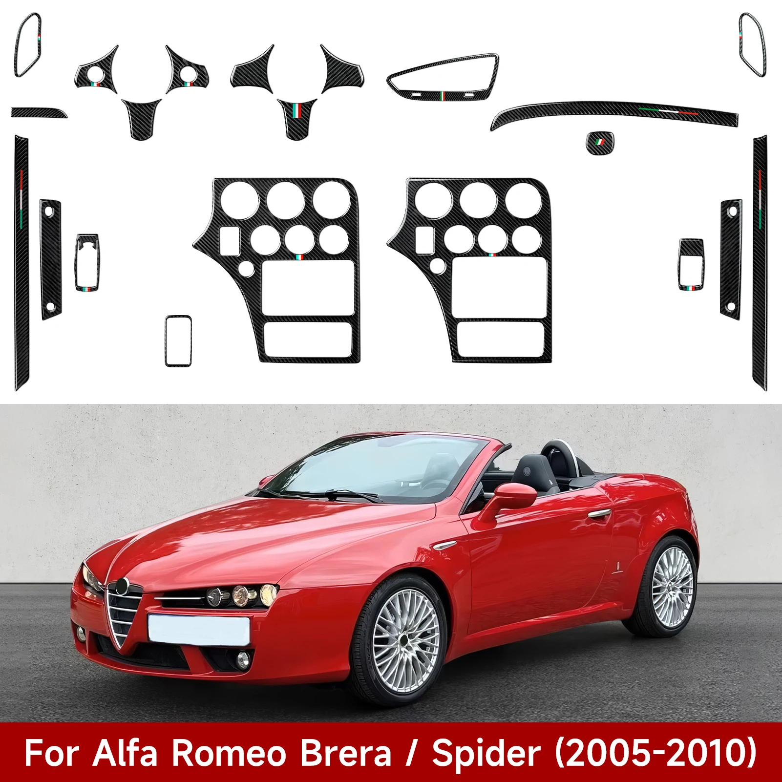 Für Alfa Romeo Brera Spider (2005–2010), Verkleidung, Auto-Mittelkonsolen-CD-Panel, Lenkrad-Innenaufkleber aus Kohlefaser.