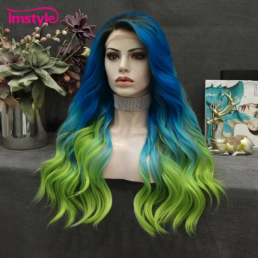 Imstyle Ombre Blue Wig Green Synthetic Lace Front Wig Natural Wavy Wigs For Women Two Tone Heat Resistant Fiber Cosplay Wig