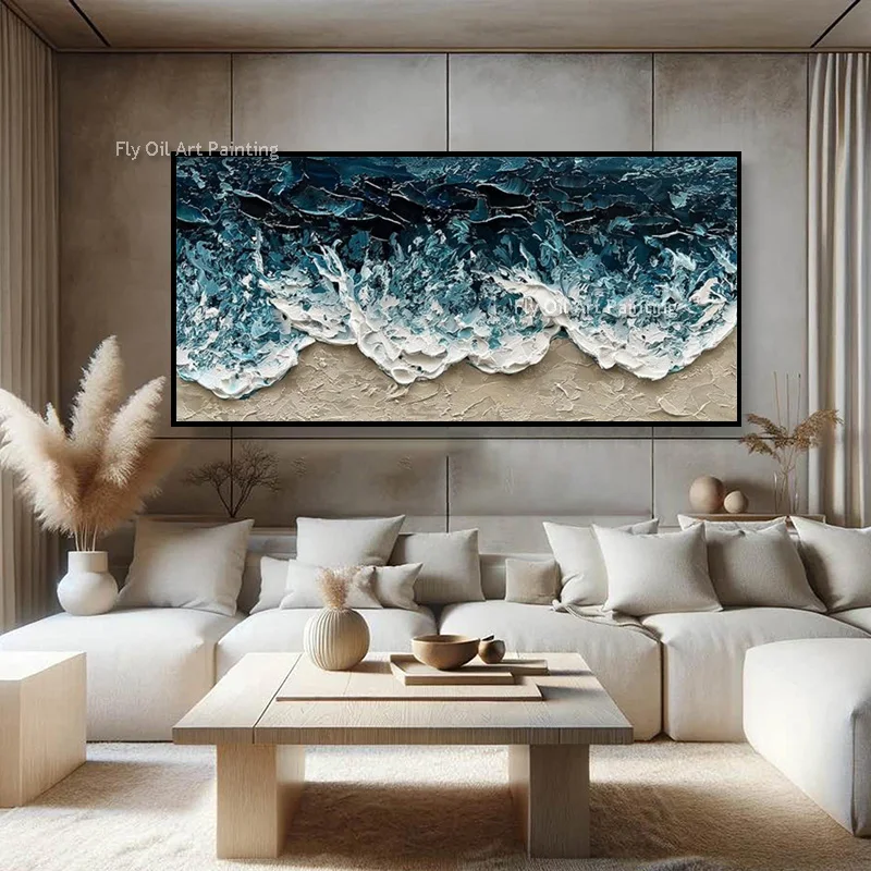 Nouvelle peinture à l'huile populaire vert blanc Seawaves, grands articles de décoration pour la maison, œuvre d'art peinte à la main, bleu foncé blanc, vue Ocea, Art mural