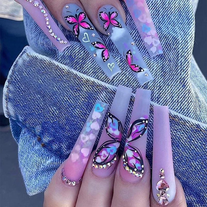 

3D fake nails accessories rainbow butterfly with diamond glitters design long french coffin tips faux ongles press on false nail