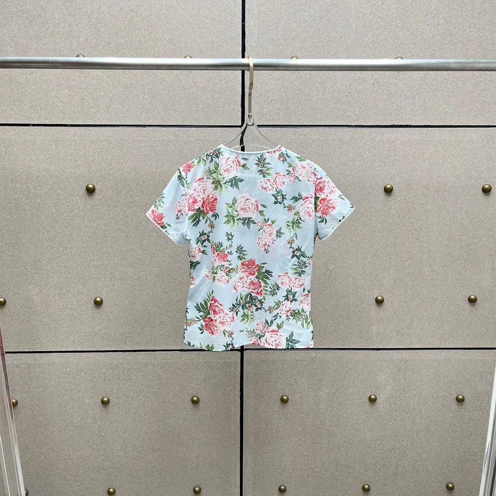Vintage Elegant Rose Print Silk Blend T-Shirt Women Lace Trim Short Sleeve Crew Neck Tees  Casual Summer Top For Daily Wear