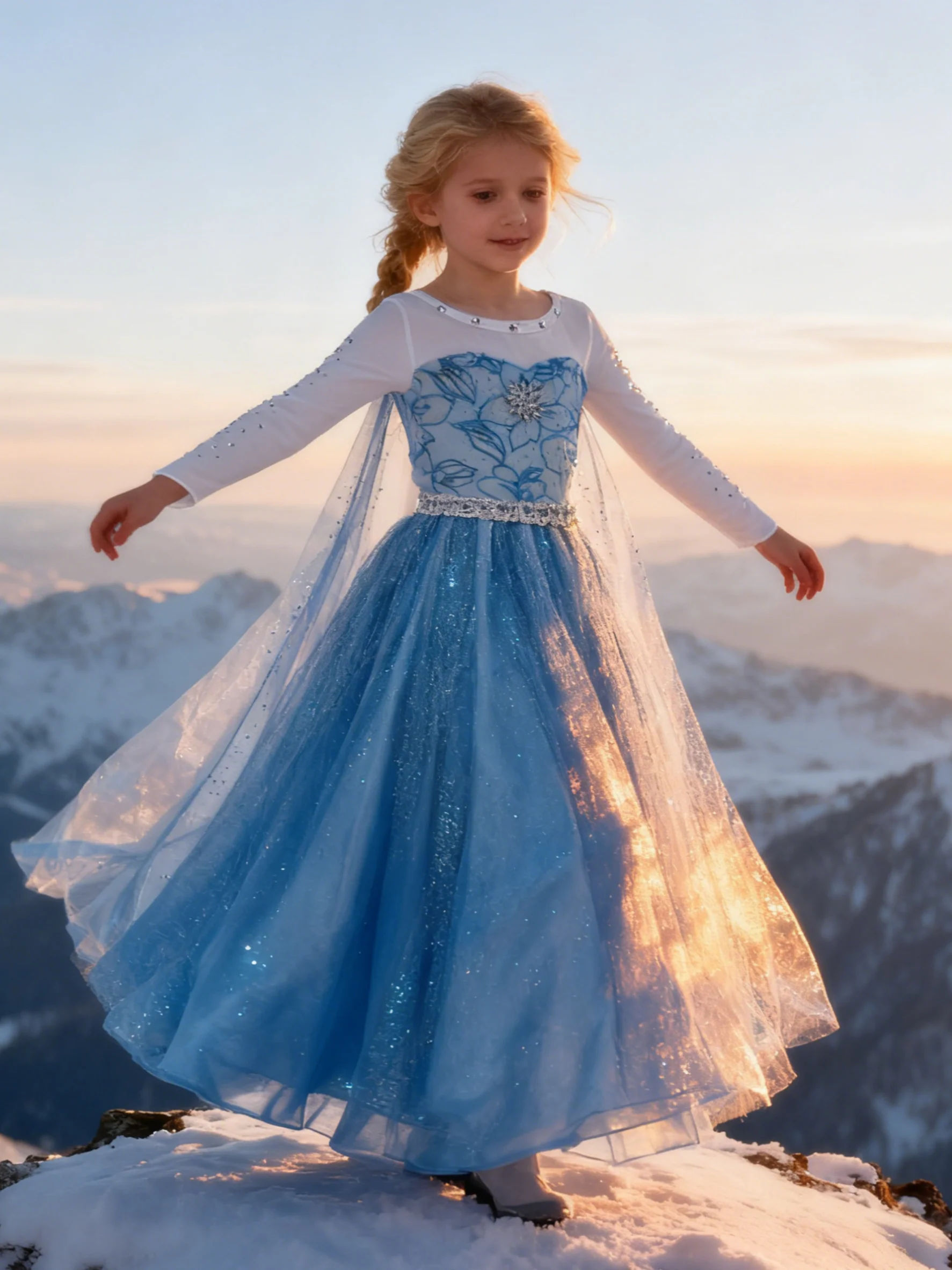 Movie Princess Dress Sequin Mesh Long Sleeved Dress Elsa Children'S Festival Performance Costume Birthday