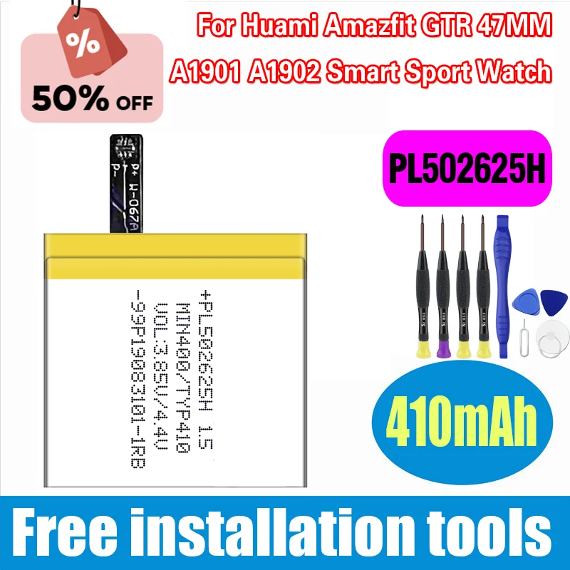 

PL502625H Full 410mAh Battery for Huami AMAZFIT GTR 47MM A1901 A1902 Smart Sport Watch Batteries + Tools