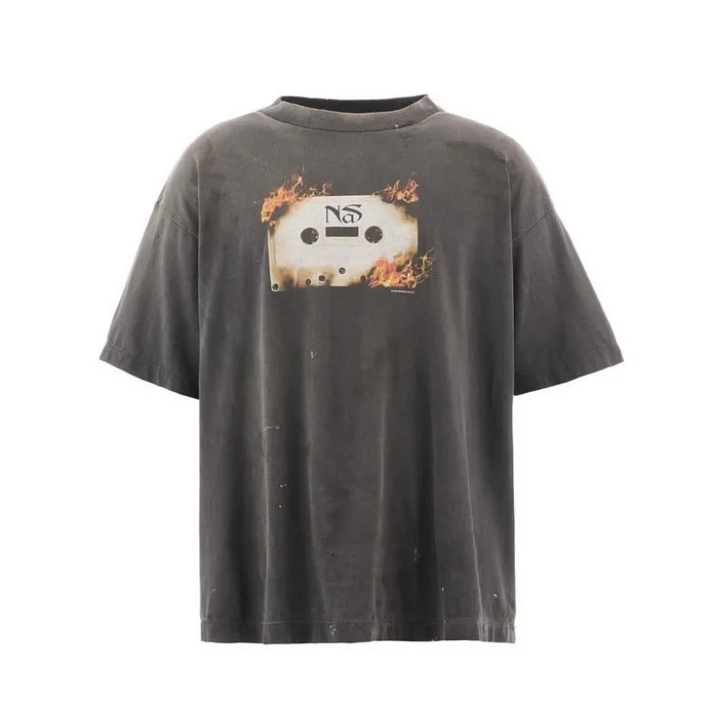 Premium Quality SAINT Cassette Flame Recorder Cassette Flame Washed Cotton Summer T-Shirt