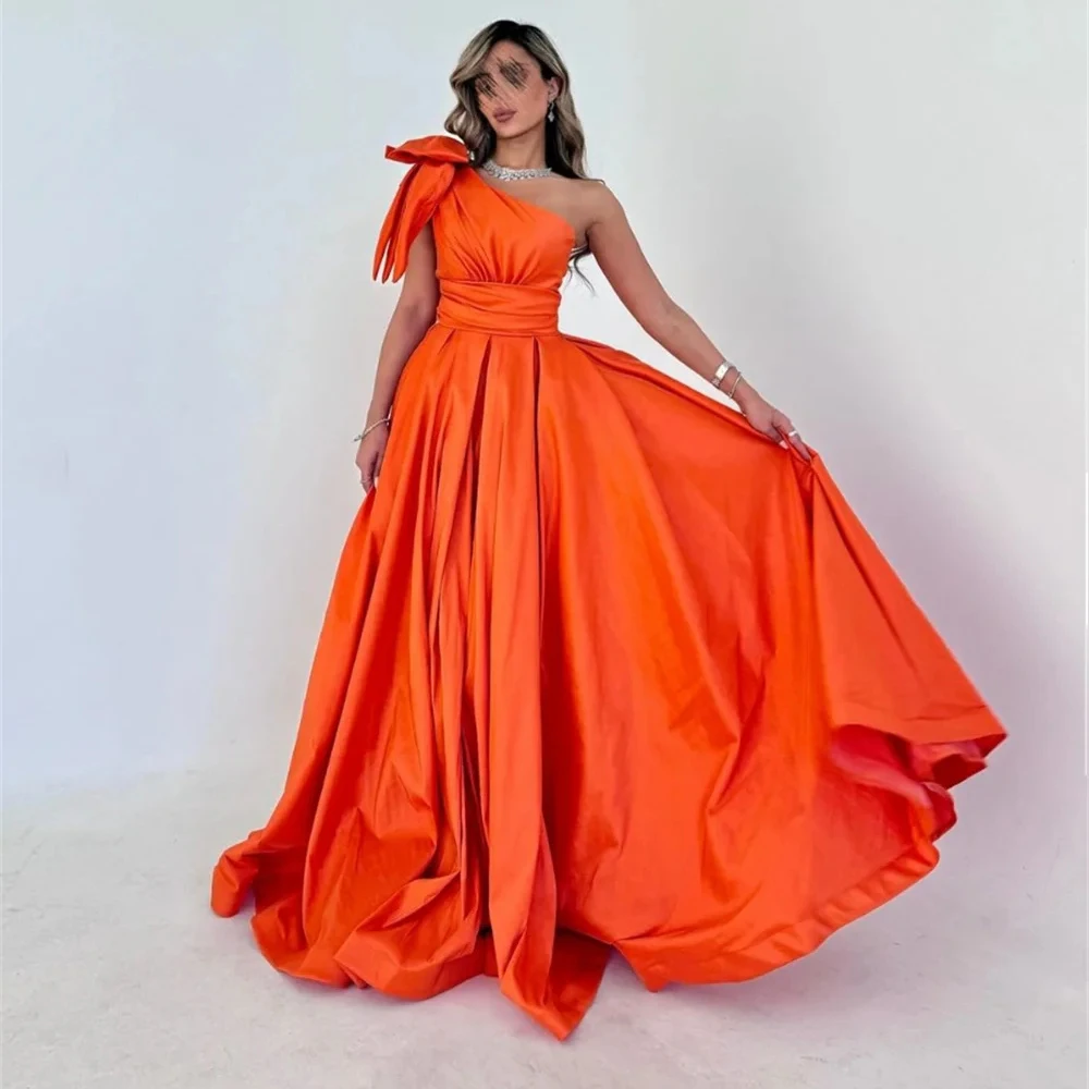 

Customized One-Shoulder Orange Satin Evening Dress Elegant Bow A-line Draped Pleat Sleeveless Floor Length Pageant Gowns