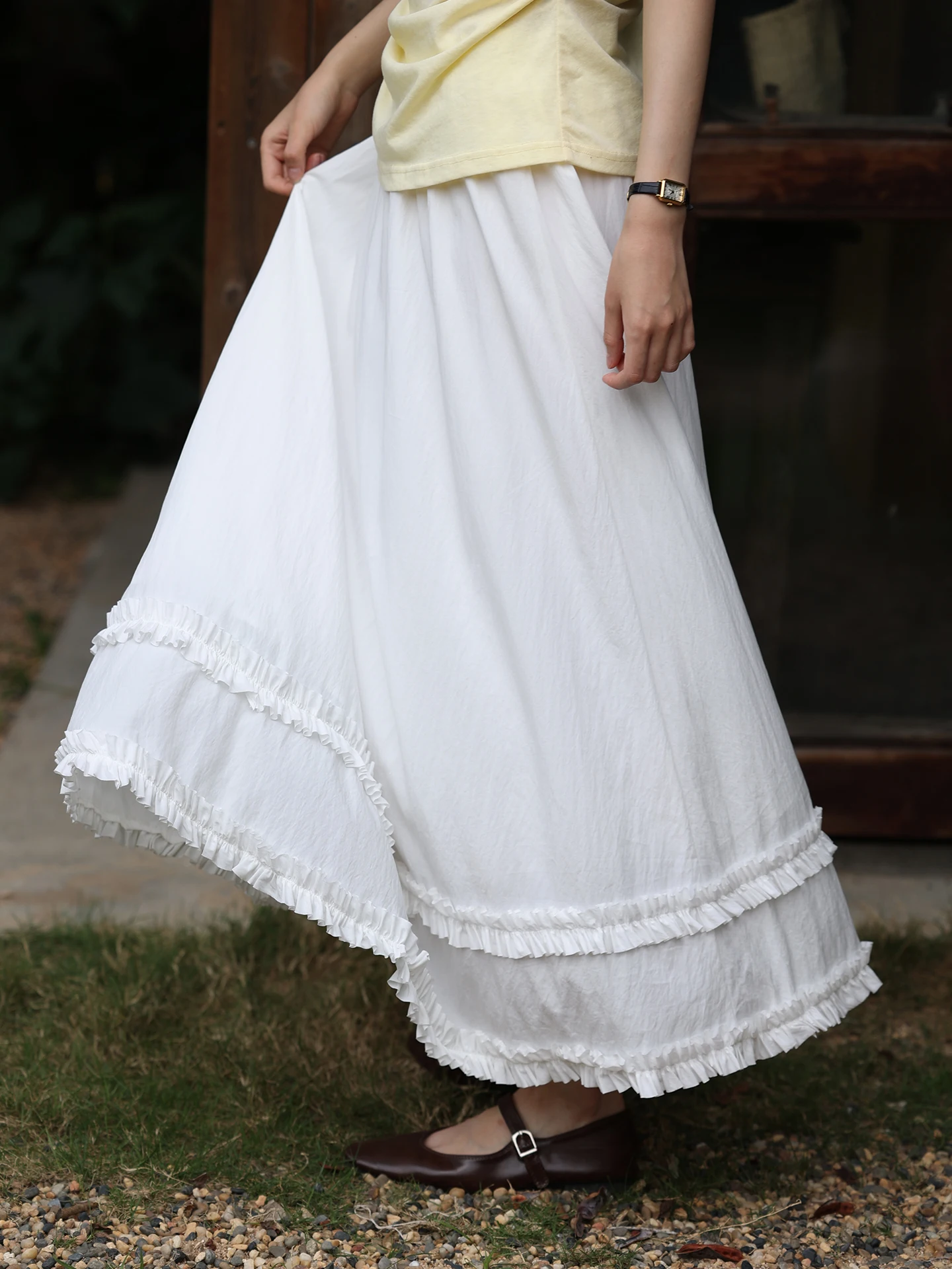 

High Waist A-Line Skirt Women's Summer 2025 MUNNS2025SS Wooden Folded Long Skirt Slimming Elastic Waist Commute Style