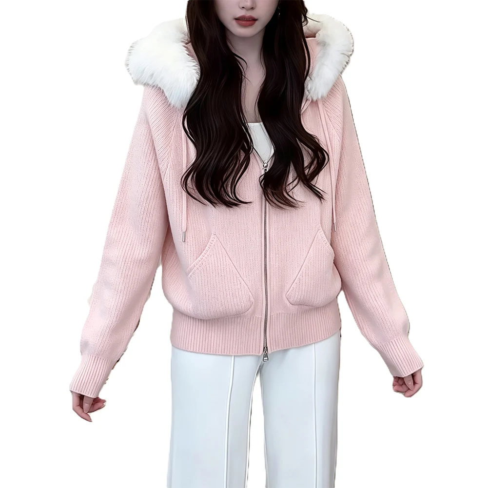Knit Sweater Coat with Hood for Women Regular Length Medium Stretch Polyester Material for Autumn Winter Spring