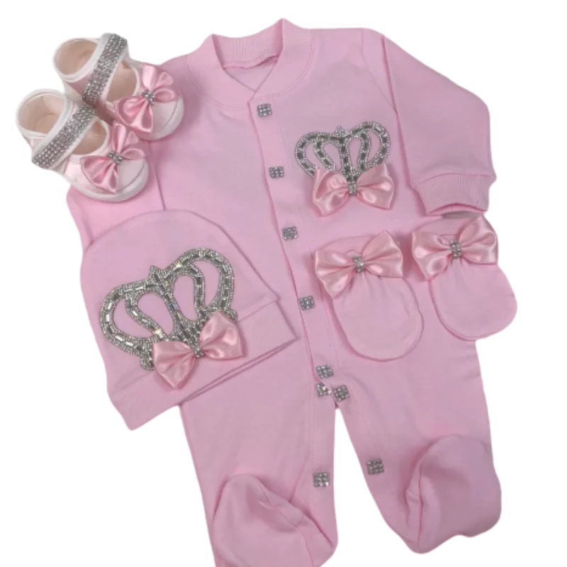 Newborn Baby Footed Romper 0-9 Months 4Pcs Baby Pink Silver Glitter Crown Bow Long Sleeve Jumpsuit Princess Boutique Baby Shower