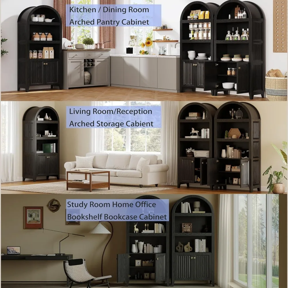 Nowoczesny wysoki regał łukowy, wysokość 178 cm, spiżarnia kuchenna w stylu farmhouse z drzwiami z cichym domykaniem, idealny do domowego biura i salonu.