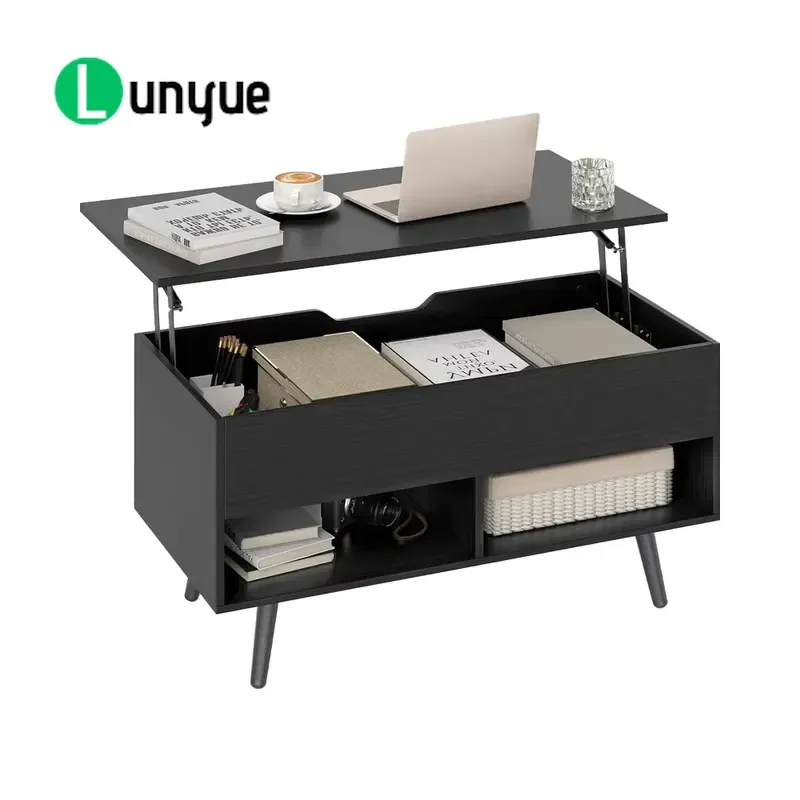 Modern Ash Wood Lifting Coffee Table with Hidden Storage and Open Shelving Rectangle Design for Living Room Black