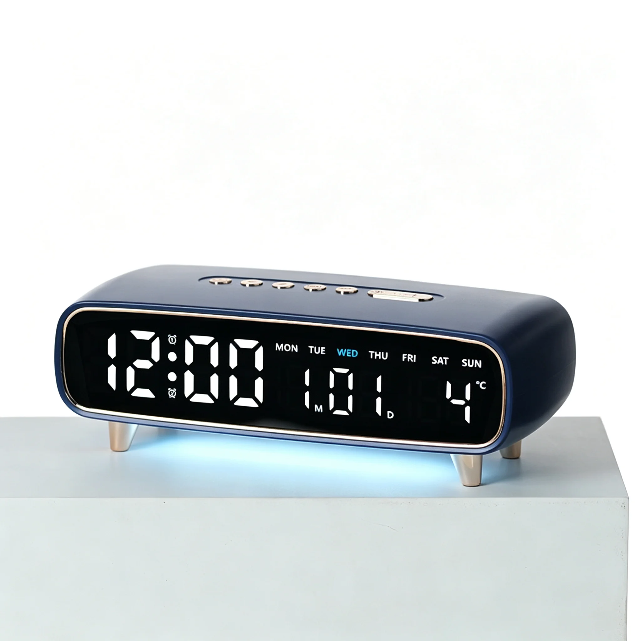 European Design LED Alarm Clock with USB Output 5V1A Night Light Mode and Full Screen Display Time Date Week Temperature